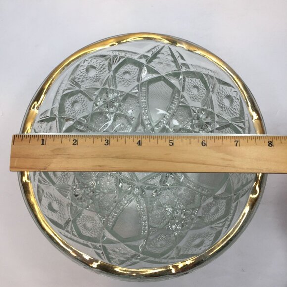 Vintage 1950s 8" Crystal Starburst Cut Glass Serving Bowl Gold Scalloped Rim - Picture 7 of 9
